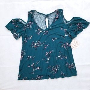 Gypsies & Moondust Cold Shoulder Teal Floral Top M